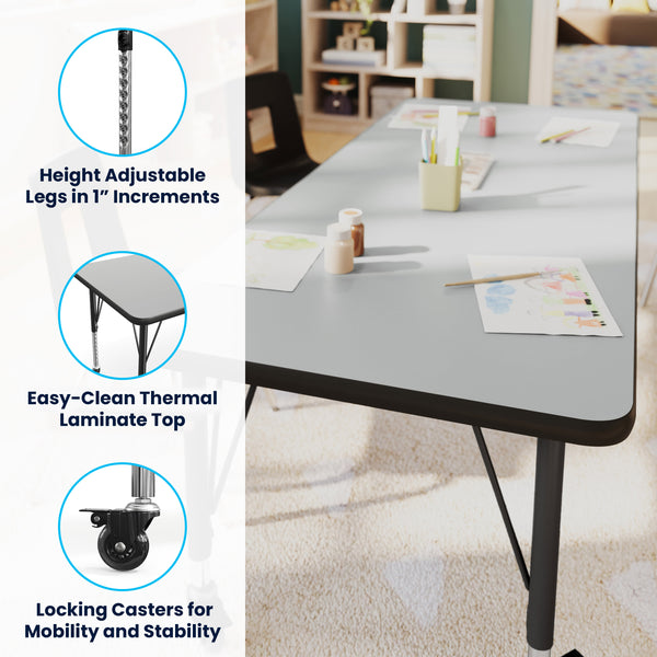 Grey Top/Black Frame |#| Commercial Adjustable Height Rectangular Activity Table - Locking Casters-Gray