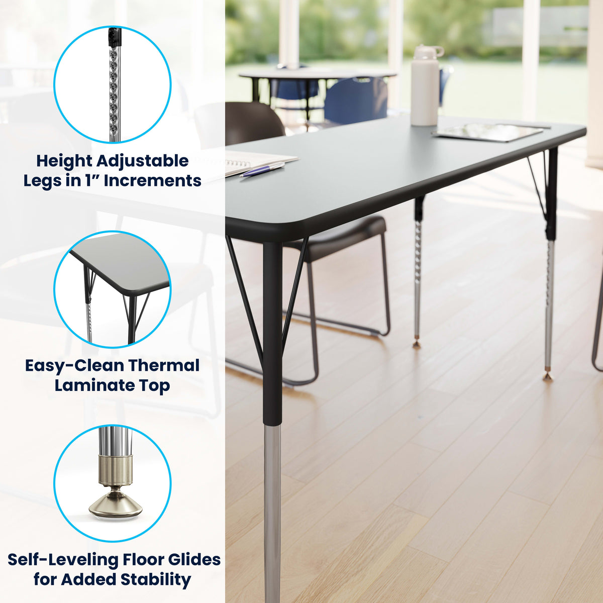 Grey Top/Black Frame |#| Commercial Adjustable Height Rectangular Activity Table-Standard Legs in Gray