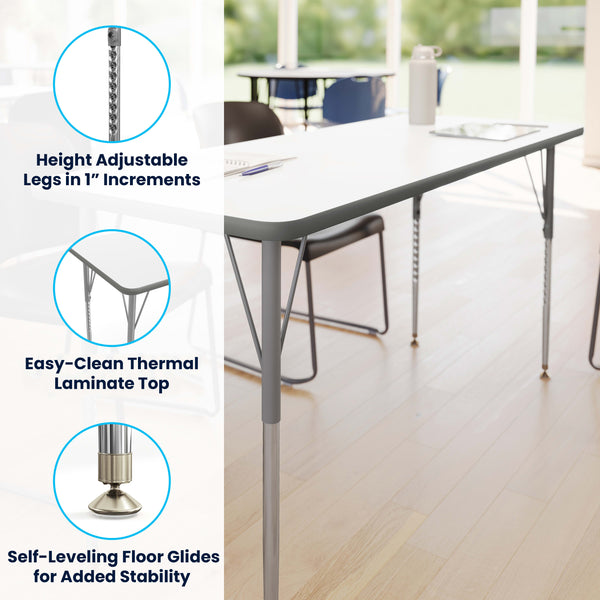 White Top/Silver Frame |#| Commercial Adjustable Height Rectangular Activity Table-Standard Legs in White