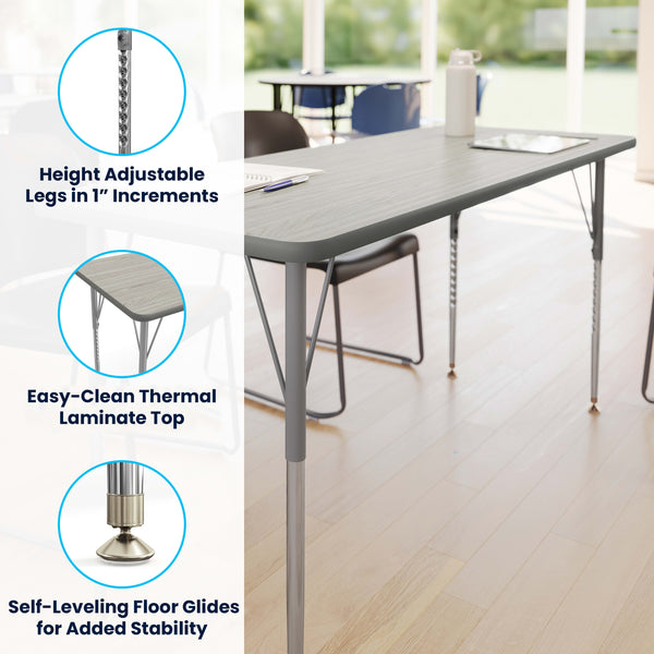 Light Gray Top/Silver Frame |#| Commercial Adjustable Height Rectangular Activity Table - Standard Legs-LT GY