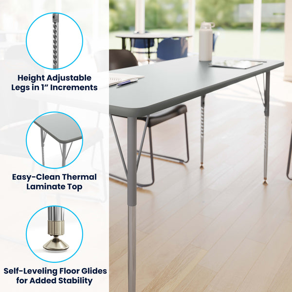 Gray Top/Silver Frame |#| Commercial Adjustable Height Rectangular Activity Table-Standard Legs in Gray