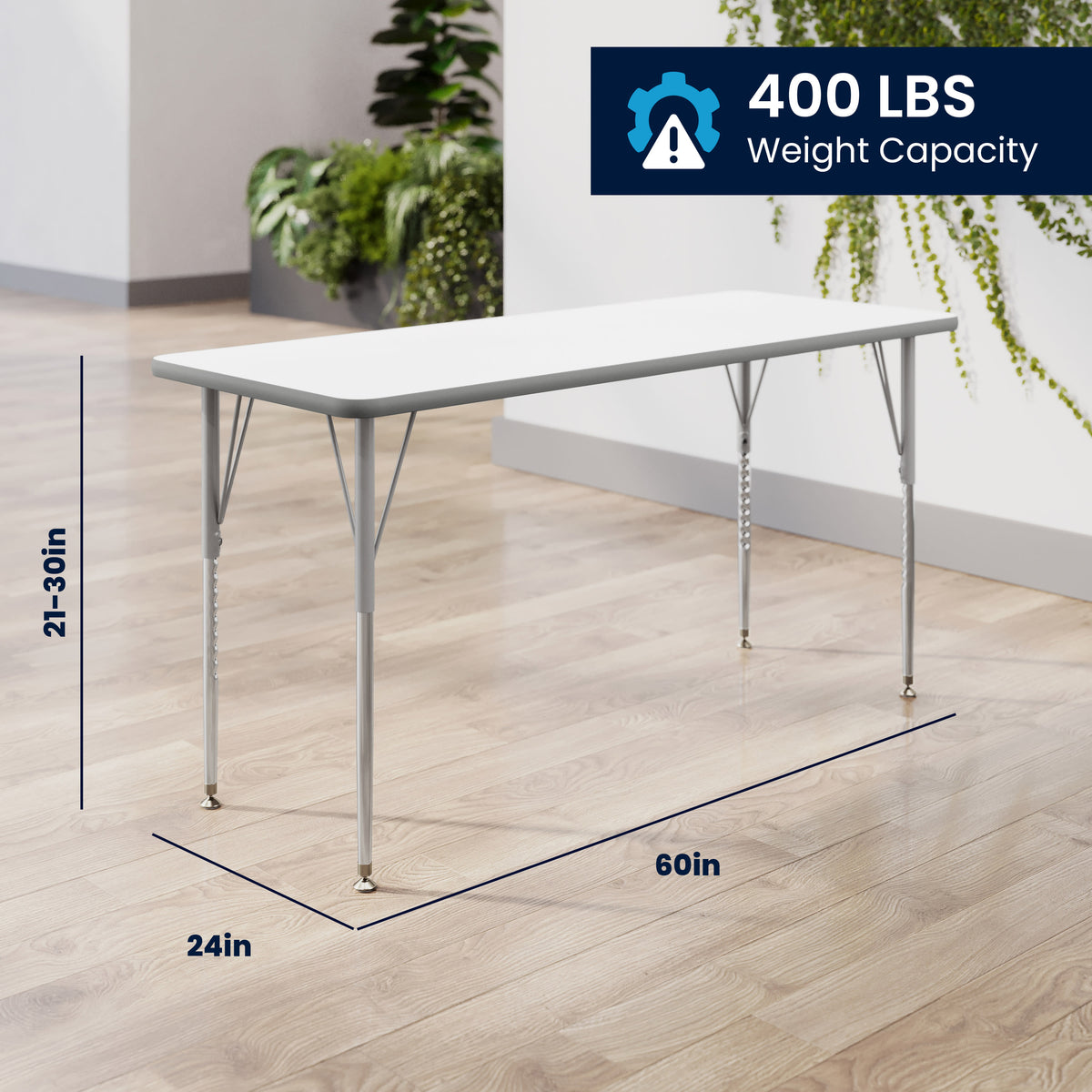 White Top/Silver Frame |#| Commercial Adjustable Height Rectangular Activity Table-Standard Legs in White