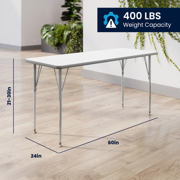 White Top/Silver Frame |#| Commercial Adjustable Height Rectangular Activity Table-Standard Legs in White