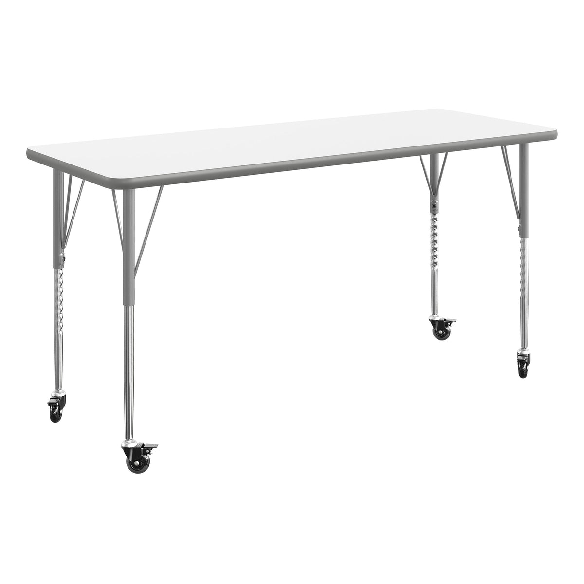 White Top/Silver Frame |#| Commercial Adjustable Height Rectangular Activity Table - Locking Casters-White