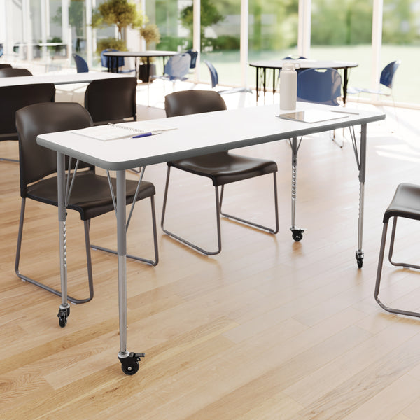 White Top/Silver Frame |#| Commercial Adjustable Height Rectangular Activity Table - Locking Casters-White
