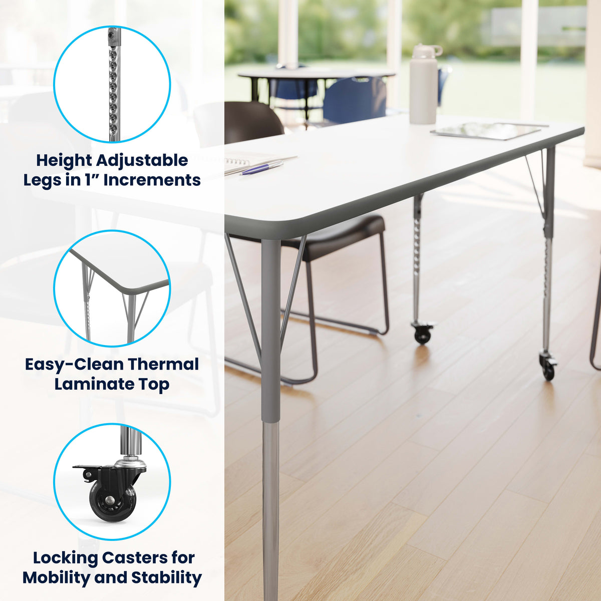 White Top/Silver Frame |#| Commercial Adjustable Height Rectangular Activity Table - Locking Casters-White