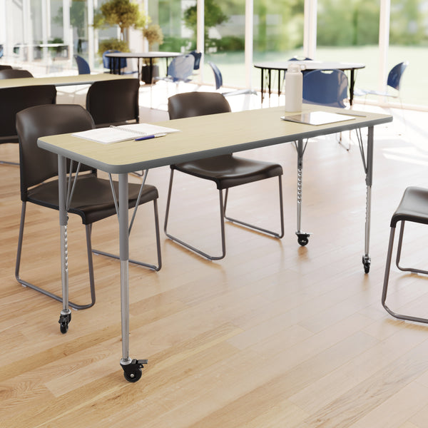 Light Natural Top/Silver Frame |#| Commercial Adjustable Height Rectangular Activity Table - Locking Casters-LT NAT
