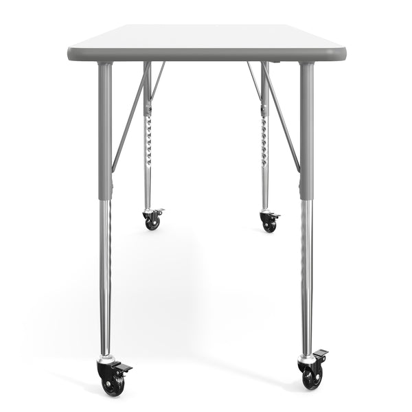 White Top/Silver Frame |#| Commercial Adjustable Height Rectangular Activity Table - Locking Casters-White