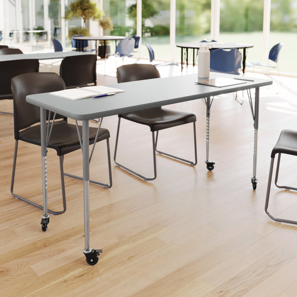 Gray Top/Silver Frame |#| Commercial Adjustable Height Rectangular Activity Table - Locking Casters-Gray