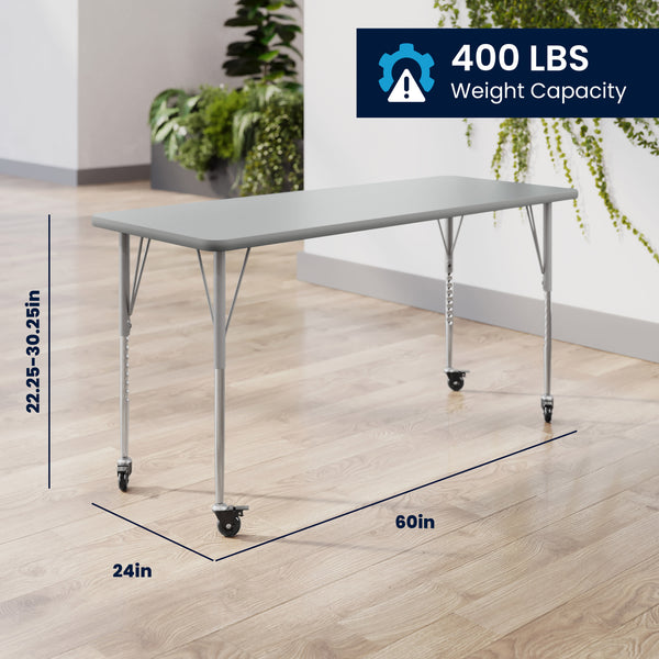 Gray Top/Silver Frame |#| Commercial Adjustable Height Rectangular Activity Table - Locking Casters-Gray