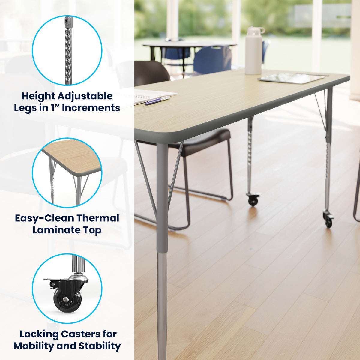 Light Natural Top/Silver Frame |#| Commercial Adjustable Height Rectangular Activity Table - Locking Casters-LT NAT
