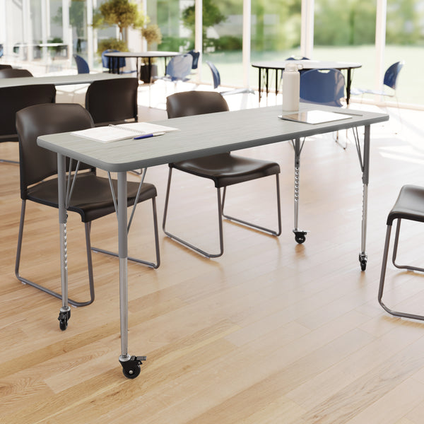 Light Gray Top/Silver Frame |#| Commercial Adjustable Height Rectangular Activity Table - Locking Casters-LT GY