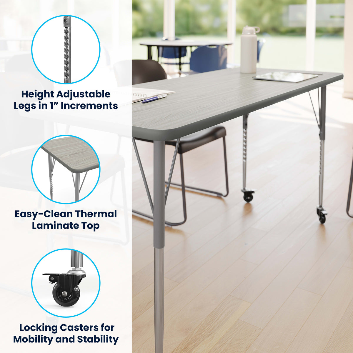 Light Gray Top/Silver Frame |#| Commercial Adjustable Height Rectangular Activity Table - Locking Casters-LT GY