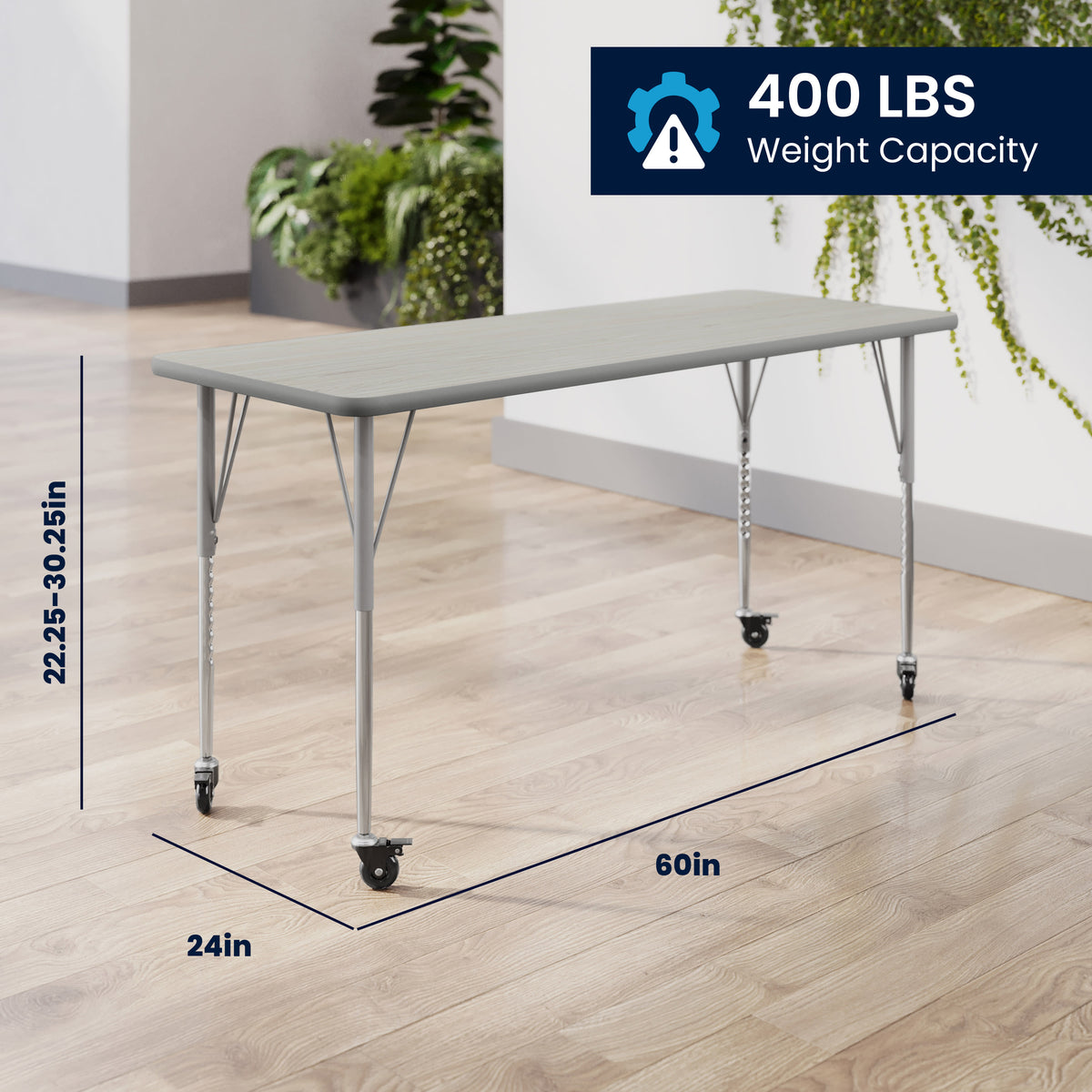Light Gray Top/Silver Frame |#| Commercial Adjustable Height Rectangular Activity Table - Locking Casters-LT GY