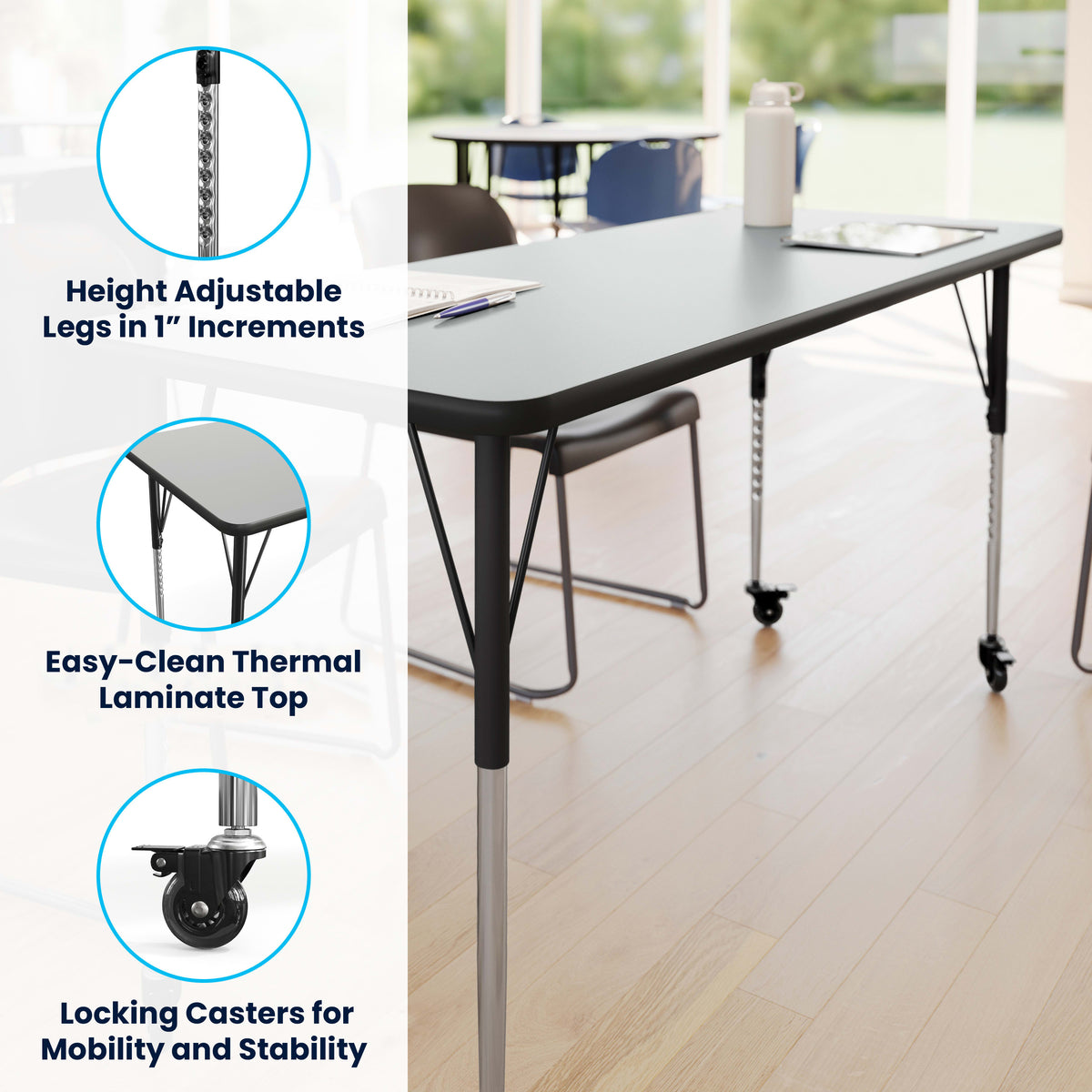 Grey Top/Black Frame |#| Commercial Adjustable Height Rectangular Activity Table - Locking Casters-Gray
