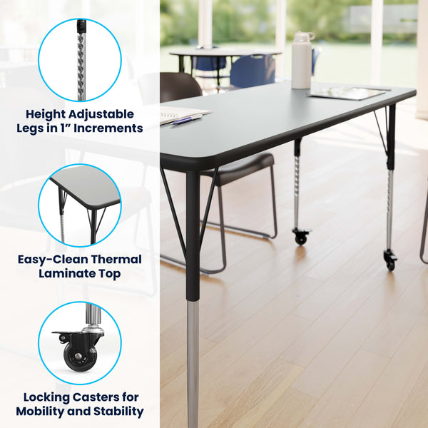 Grey Top/Black Frame |#| Commercial Adjustable Height Rectangular Activity Table - Locking Casters-Gray