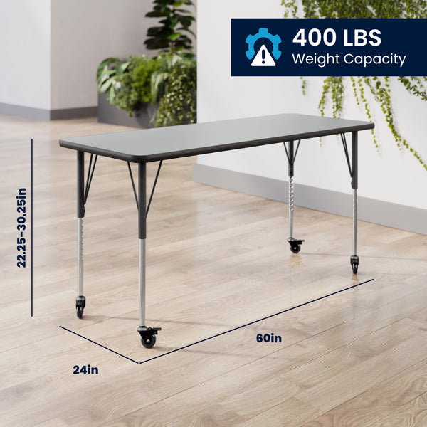 Grey Top/Black Frame |#| Commercial Adjustable Height Rectangular Activity Table - Locking Casters-Gray