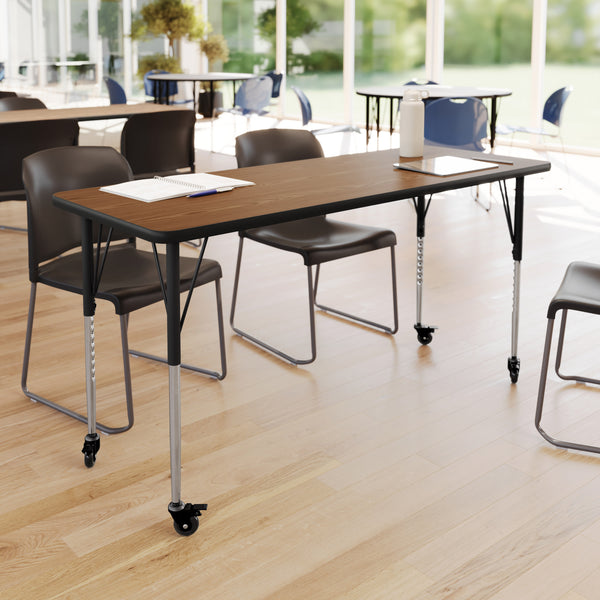 Oak Top/Black Frame |#| Commercial Adjustable Height Rectangular Activity Table - Locking Casters-Oak