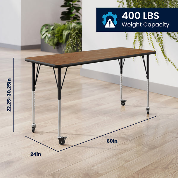 Oak Top/Black Frame |#| Commercial Adjustable Height Rectangular Activity Table - Locking Casters-Oak