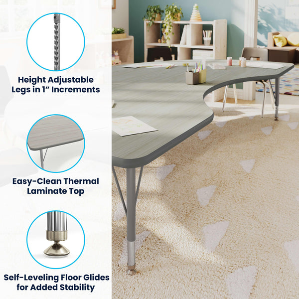 Light Gray Top/Silver Frame |#| Commercial Adjustable Height Kidney Activity Table with Short Legs in Light LTGY