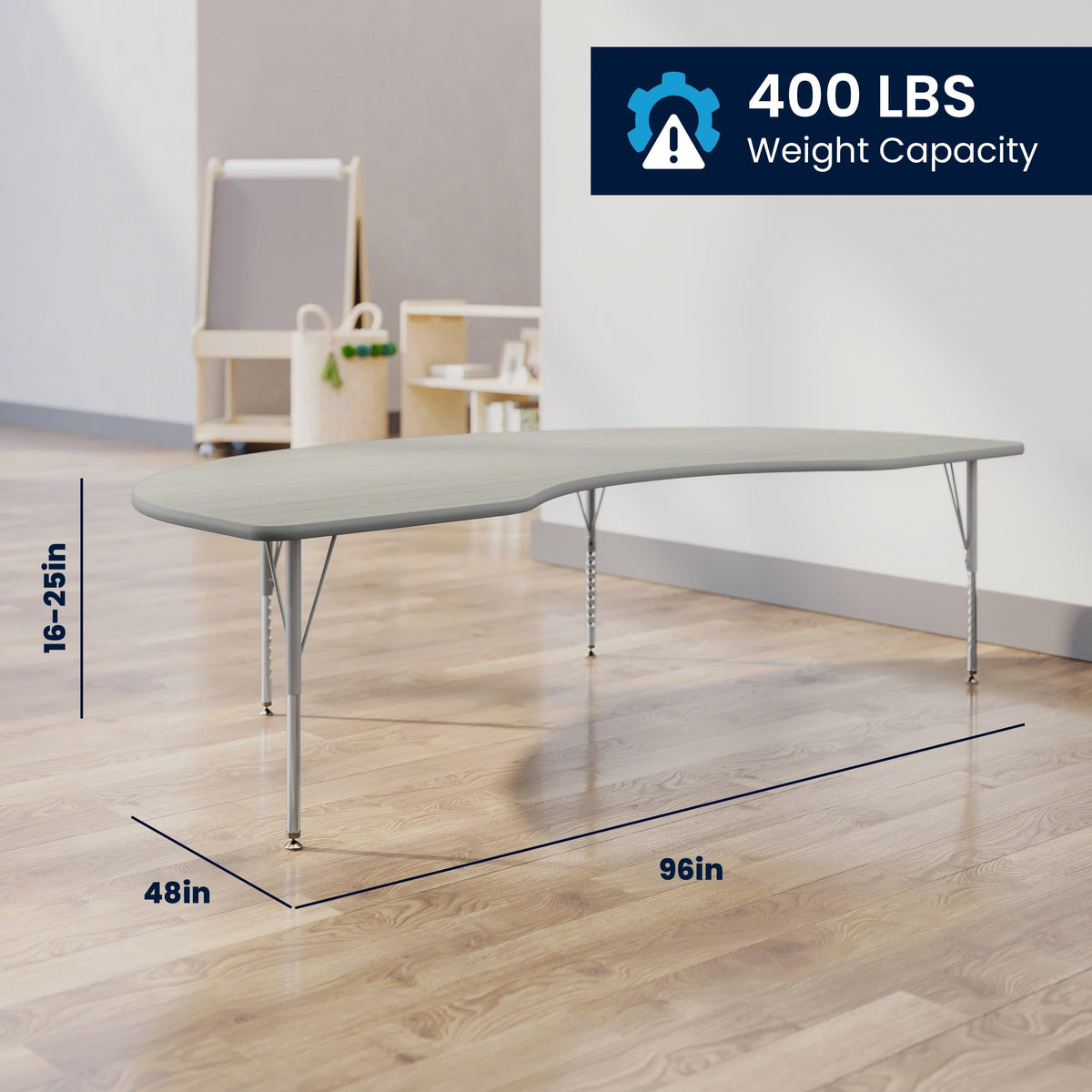 Light Gray Top/Silver Frame |#| Commercial Adjustable Height Kidney Activity Table with Short Legs in Light LTGY