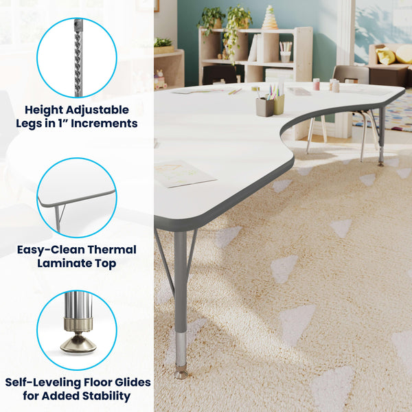 White Top/Silver Frame |#| Commercial Adjustable Height Kidney Activity Table with Short Legs in White