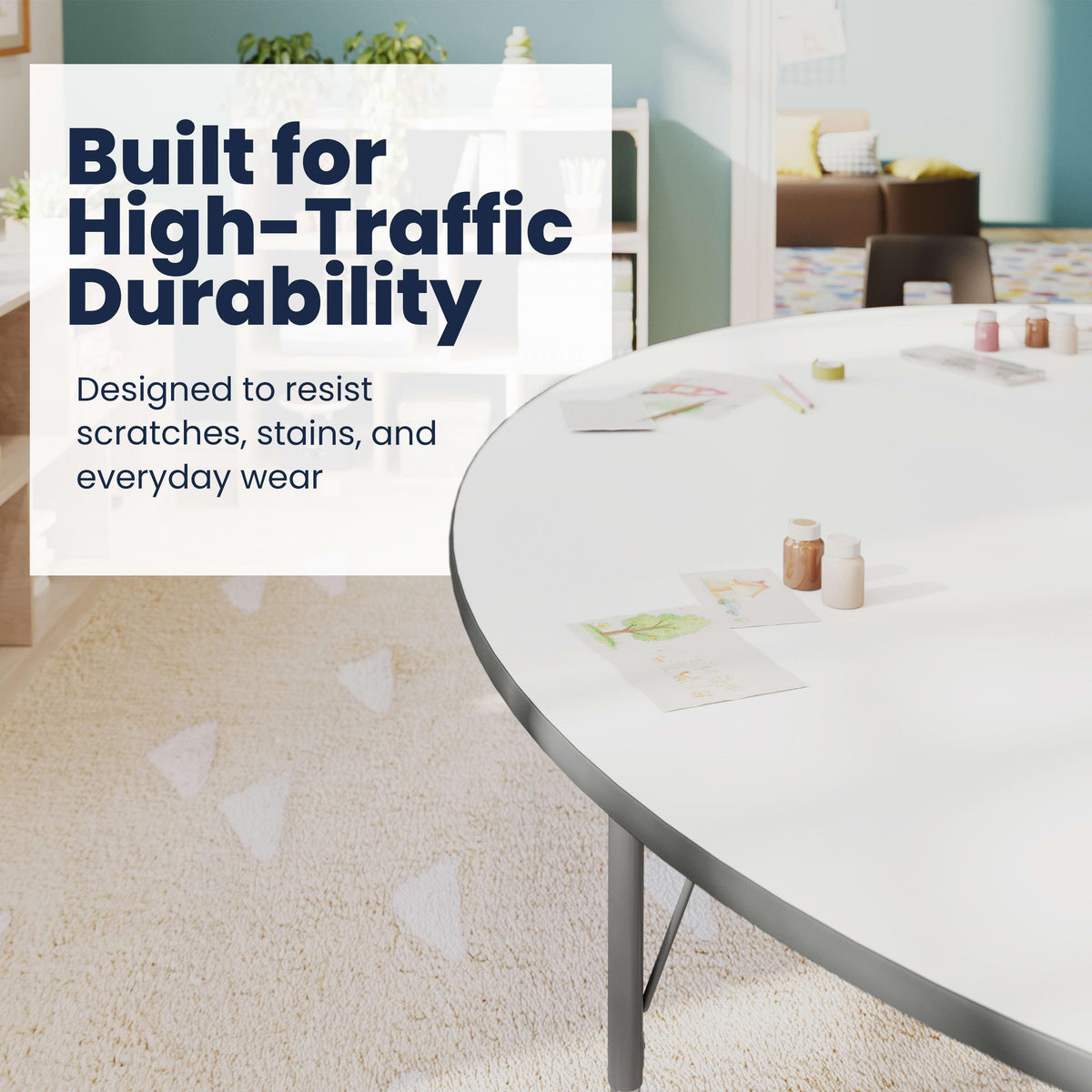White Top/Silver Frame |#| Commercial Adjustable Height Kidney Activity Table with Short Legs in White