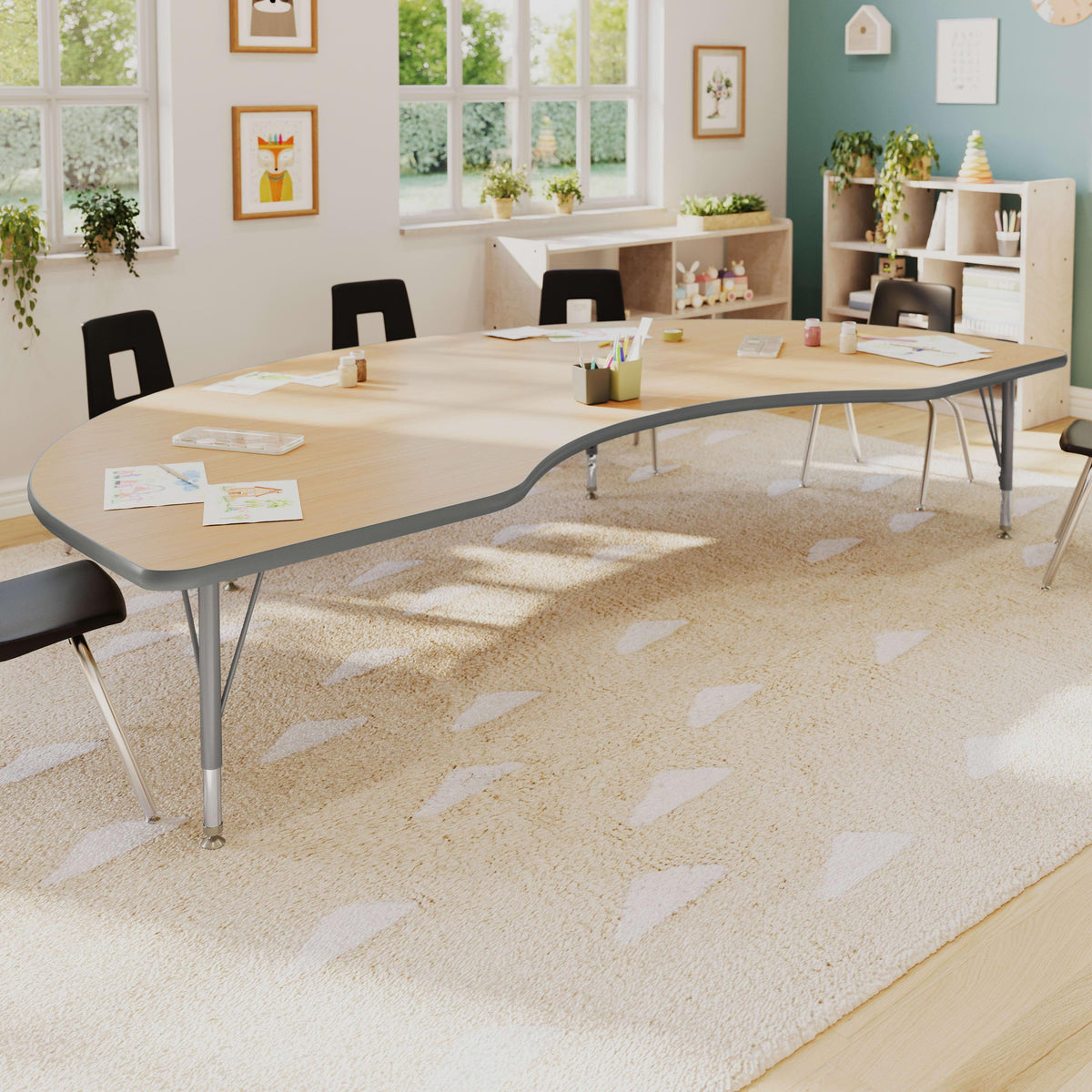 Light Natural Top/Silver Frame |#| Commercial Adjustable Height Kidney Activity Table with Short Legs in LT NAT
