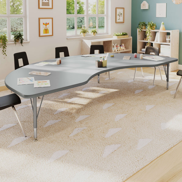 Gray Top/Silver Frame |#| Commercial Adjustable Height Kidney Activity Table with Short Legs in Gray