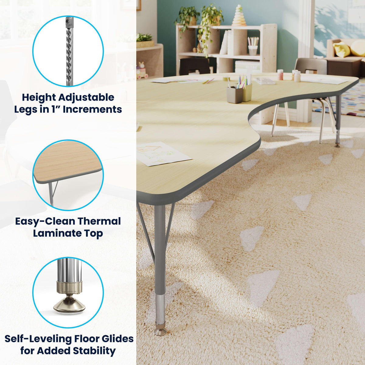 Light Natural Top/Silver Frame |#| Commercial Adjustable Height Kidney Activity Table with Short Legs in LT NAT