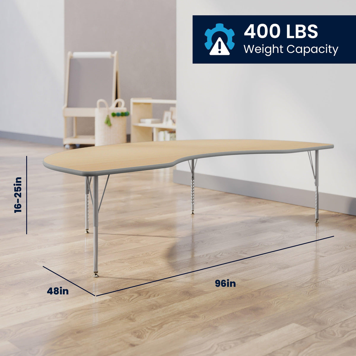 Light Natural Top/Silver Frame |#| Commercial Adjustable Height Kidney Activity Table with Short Legs in LT NAT