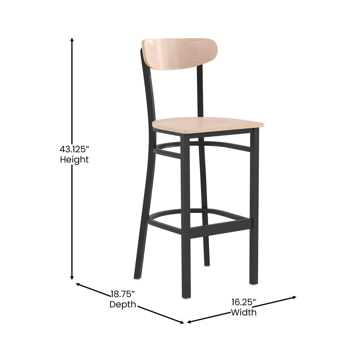 Natural Birch |#| Commercial Metal Barstool with Wood Seat and Boomerang Back-Natural Birch Finish