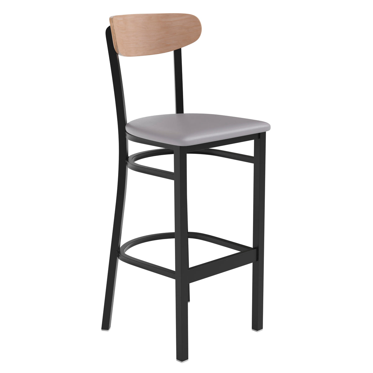 Natural Birch Wood Back/Gray Vinyl Seat |#| Commercial Metal Barstool with Vinyl Seat and Wood Boomerang Back-Gray/Natural