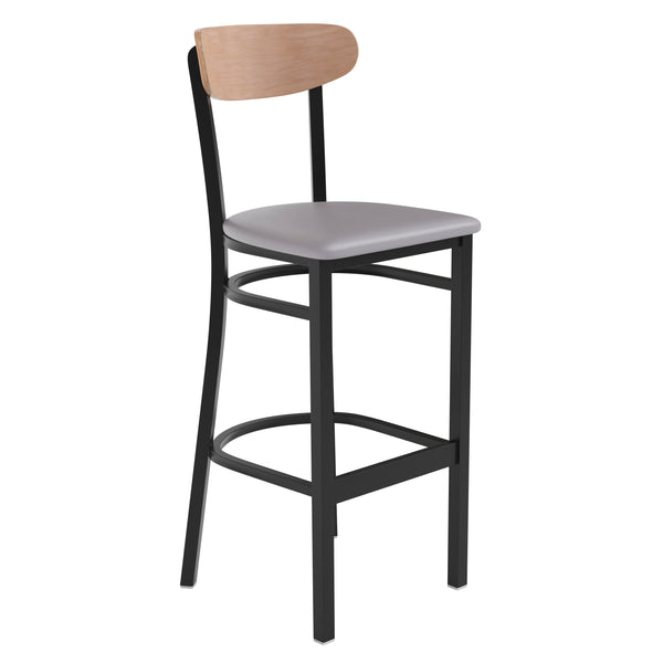 Natural Birch Wood Back/Gray Vinyl Seat |#| Commercial Metal Barstool with Vinyl Seat and Wood Boomerang Back-Gray/Natural