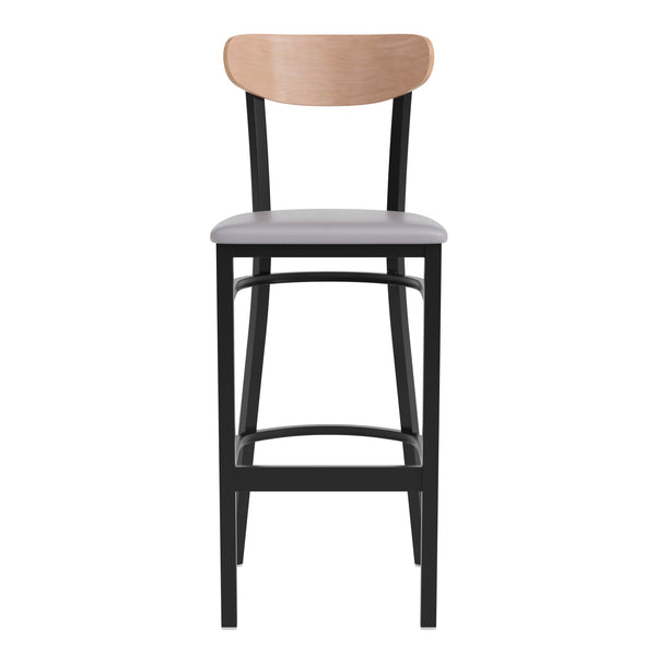 Natural Birch Wood Back/Gray Vinyl Seat |#| Commercial Metal Barstool with Vinyl Seat and Wood Boomerang Back-Gray/Natural