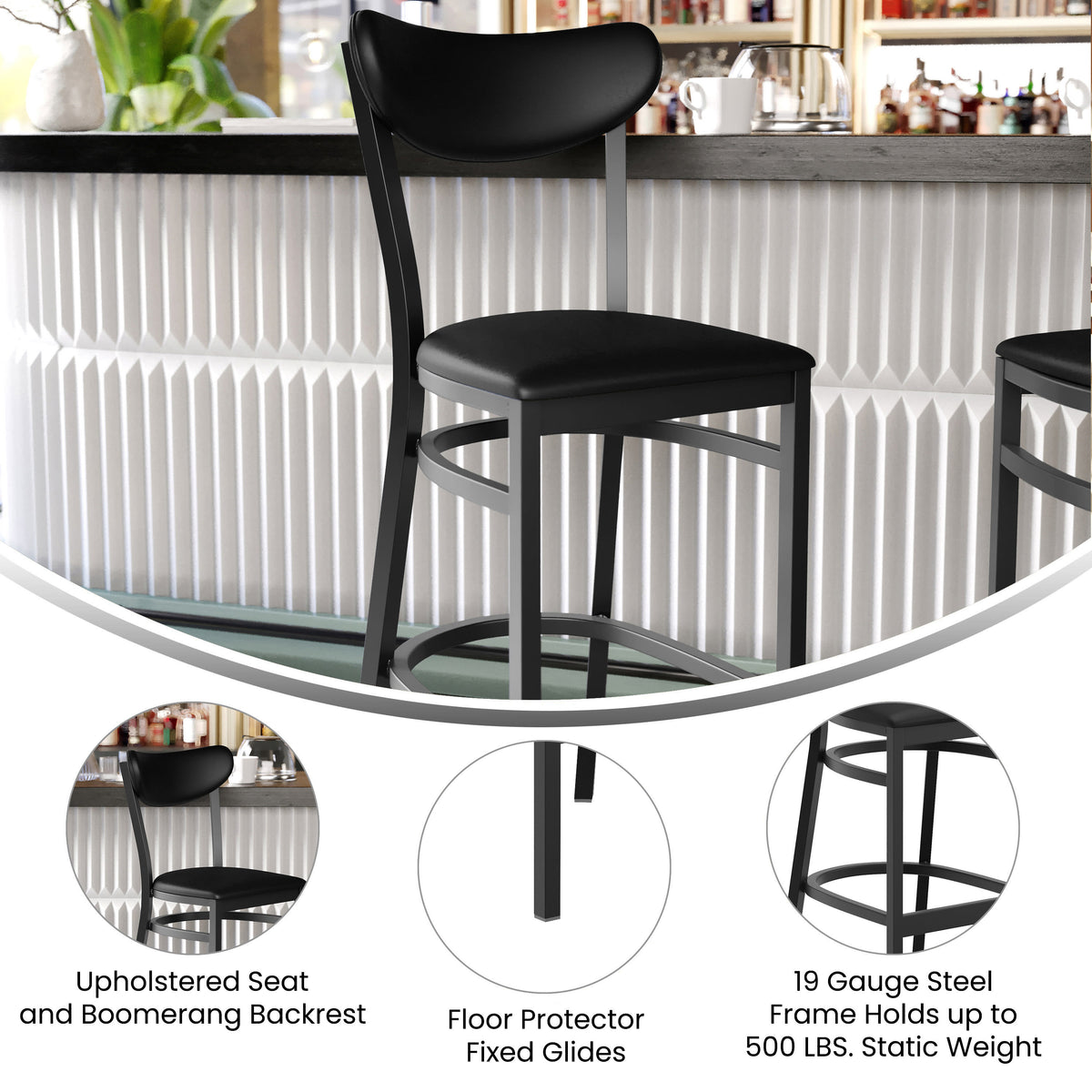 Black Vinyl Back/Black Vinyl Seat |#| Commercial Metal Barstool with Vinyl Seat and Boomerang Back-Black Finish