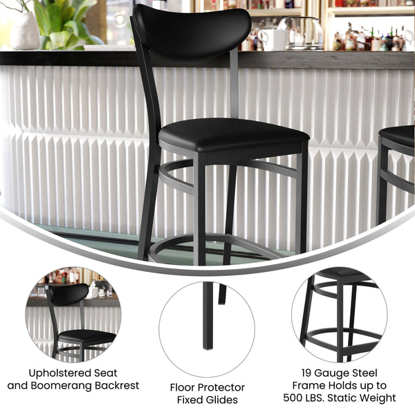 Black Vinyl Back/Black Vinyl Seat |#| Commercial Metal Barstool with Vinyl Seat and Boomerang Back-Black Finish