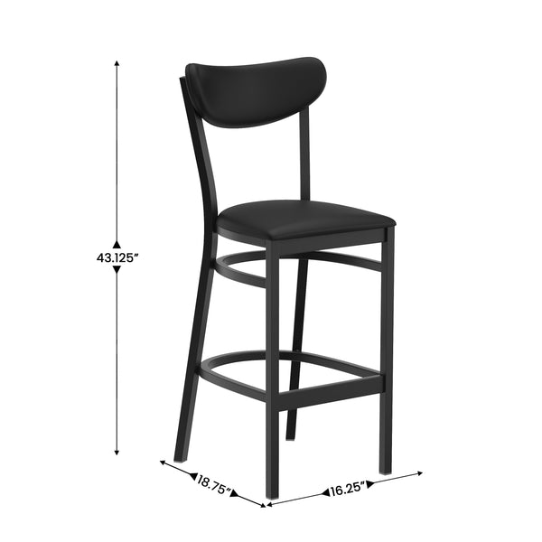 Black Vinyl Back/Black Vinyl Seat |#| Commercial Metal Barstool with Vinyl Seat and Boomerang Back-Black Finish