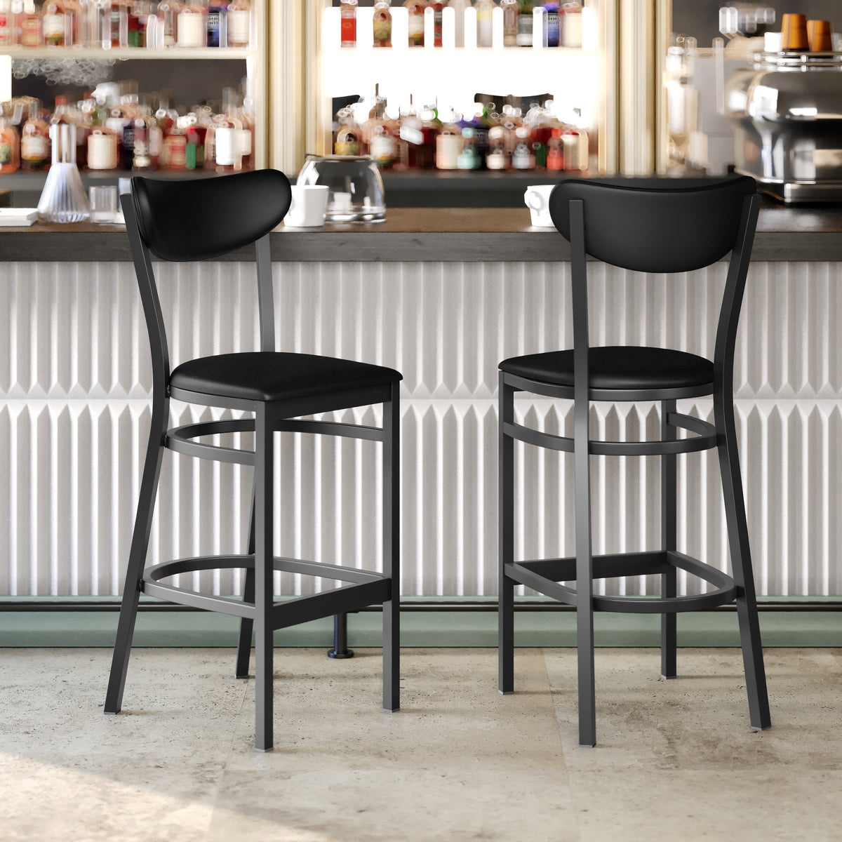 Black Vinyl Back/Black Vinyl Seat |#| Commercial Metal Barstool with Vinyl Seat and Boomerang Back-Black Finish