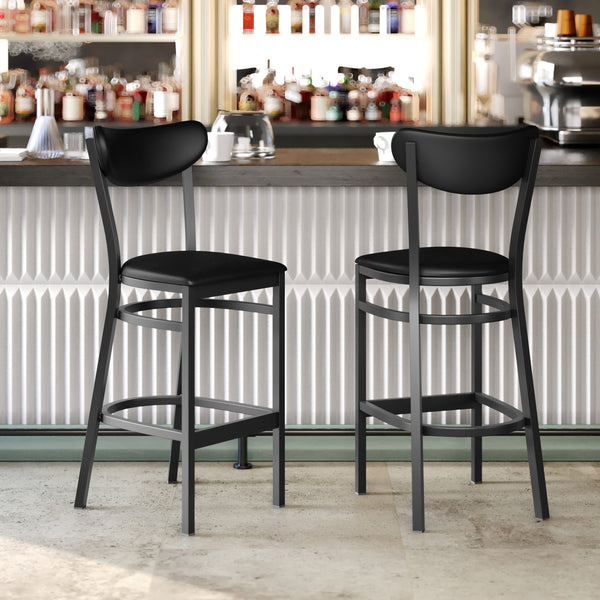 Black Vinyl Back/Black Vinyl Seat |#| Commercial Metal Barstool with Vinyl Seat and Boomerang Back-Black Finish