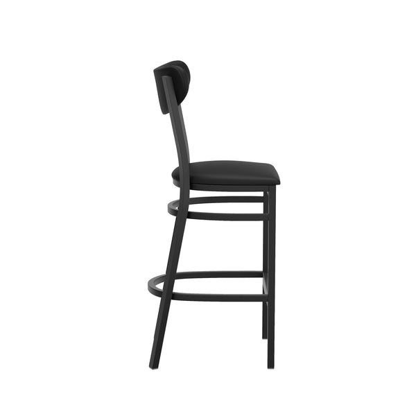 Black Vinyl Back/Black Vinyl Seat |#| Commercial Metal Barstool with Vinyl Seat and Boomerang Back-Black Finish