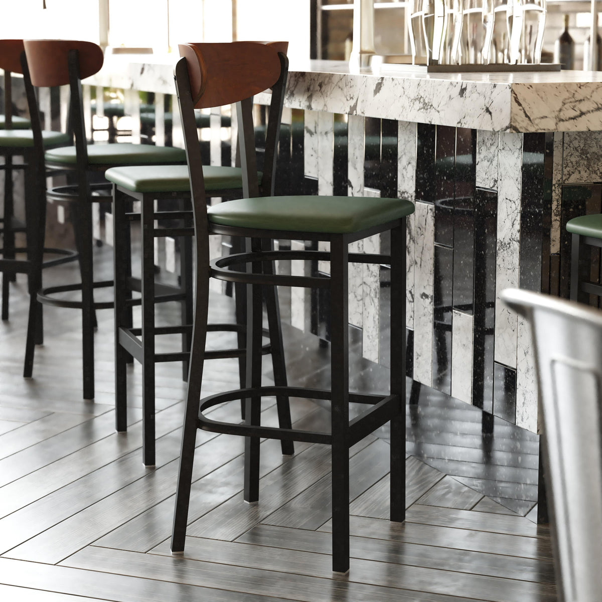 Walnut Wood Back/Green Vinyl Seat |#| Commercial Metal Barstool with Vinyl Seat and Wood Boomerang Back-Green/Walnut