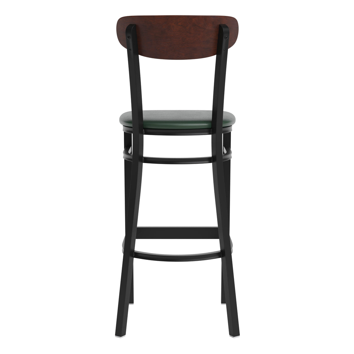 Walnut Wood Back/Green Vinyl Seat |#| Commercial Metal Barstool with Vinyl Seat and Wood Boomerang Back-Green/Walnut