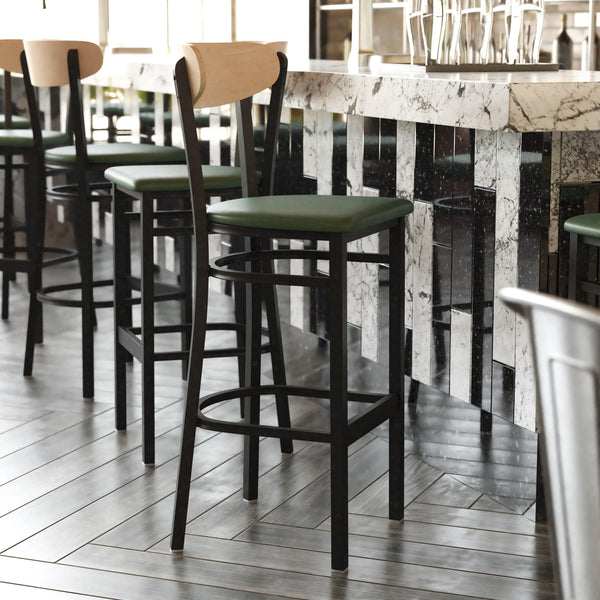 Natural Birch Wood Back/Green Vinyl Seat |#| Commercial Metal Barstool with Vinyl Seat and Wood Boomerang Back-Green/Natural
