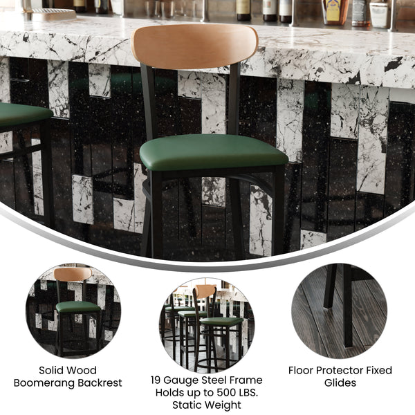 Natural Birch Wood Back/Green Vinyl Seat |#| Commercial Metal Barstool with Vinyl Seat and Wood Boomerang Back-Green/Natural