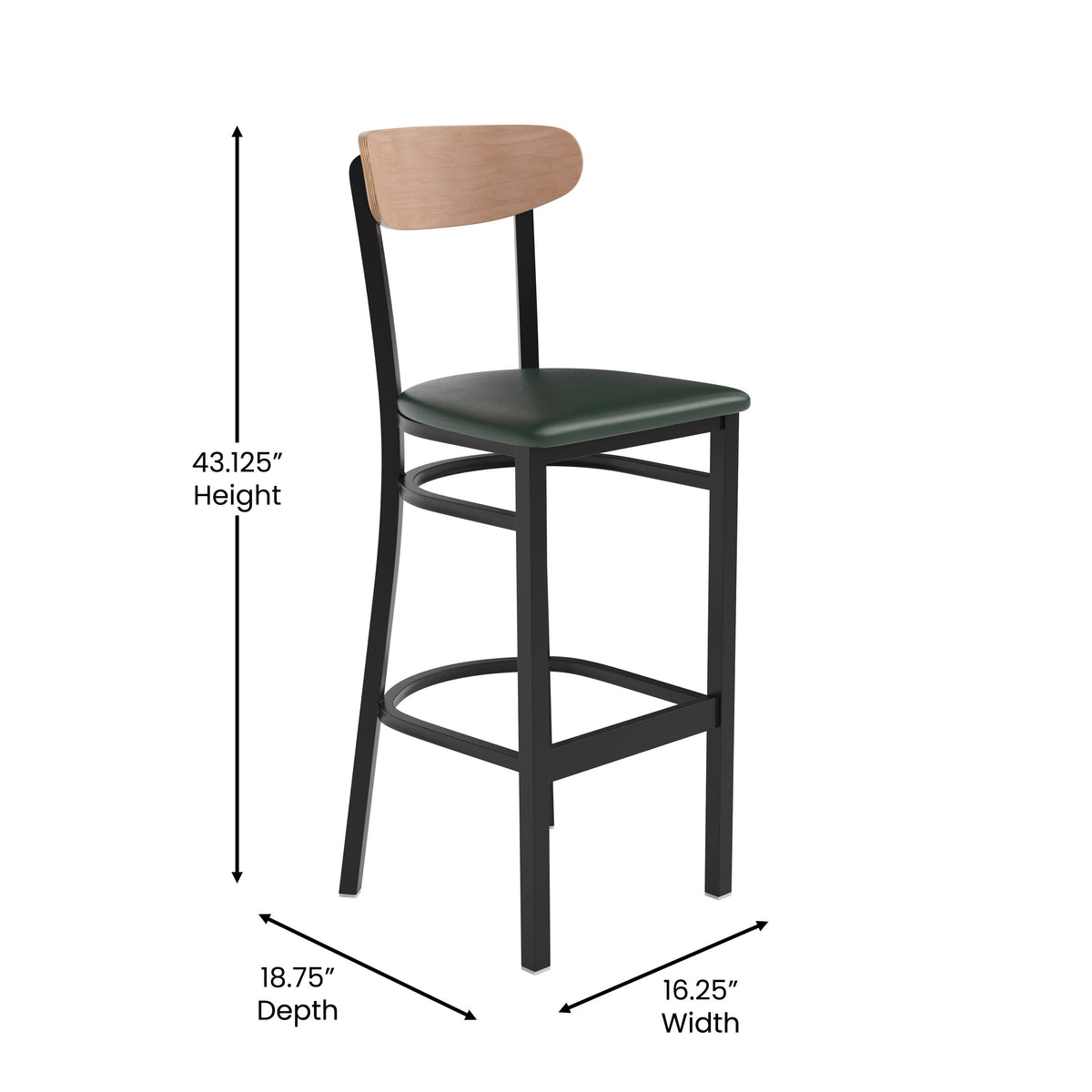 Natural Birch Wood Back/Green Vinyl Seat |#| Commercial Metal Barstool with Vinyl Seat and Wood Boomerang Back-Green/Natural