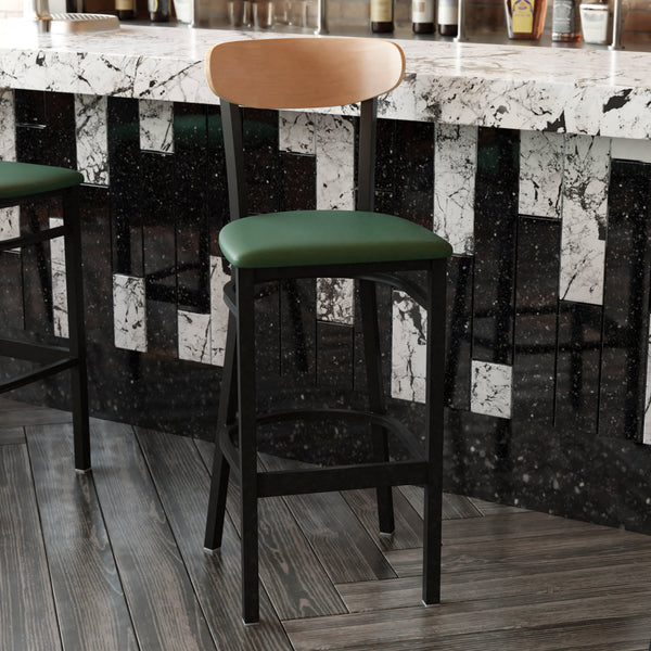 Natural Birch Wood Back/Green Vinyl Seat |#| Commercial Metal Barstool with Vinyl Seat and Wood Boomerang Back-Green/Natural