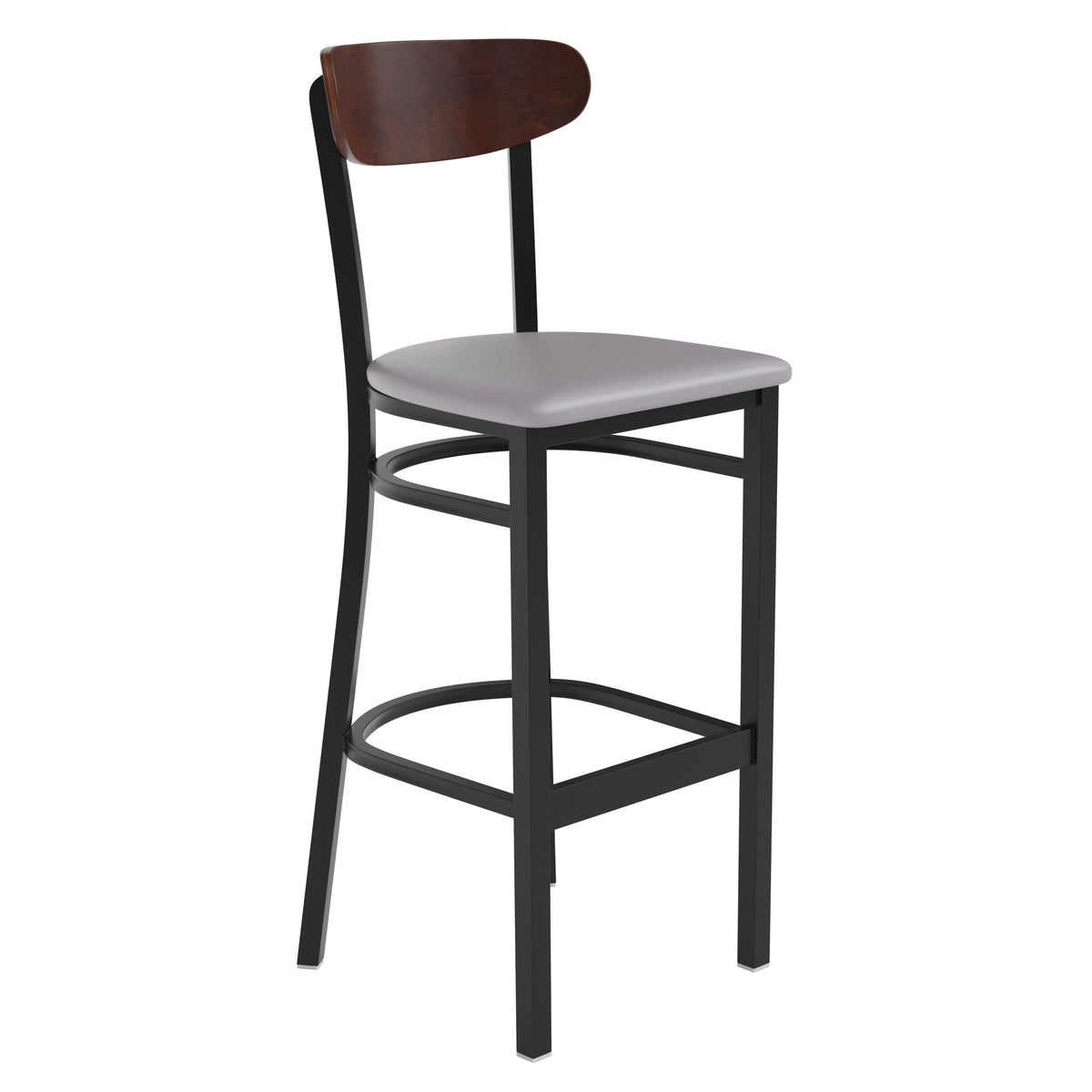 Walnut Wood Back/Gray Vinyl Seat |#| Commercial Metal Barstool with Vinyl Seat and Wood Boomerang Back-Gray/Walnut