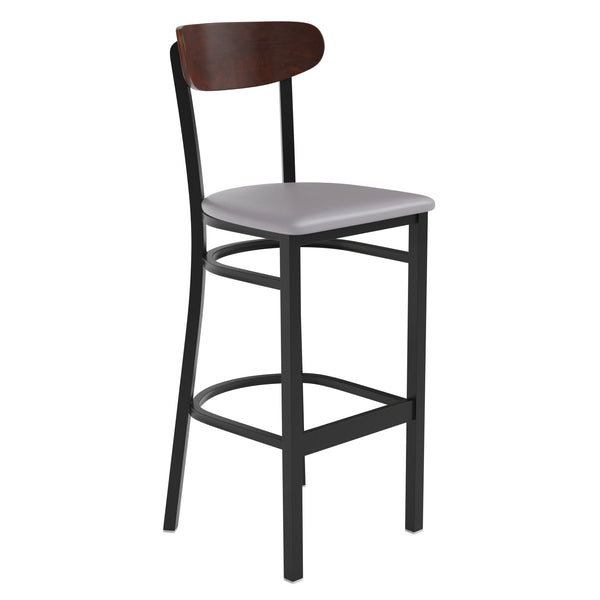 Walnut Wood Back/Gray Vinyl Seat |#| Commercial Metal Barstool with Vinyl Seat and Wood Boomerang Back-Gray/Walnut