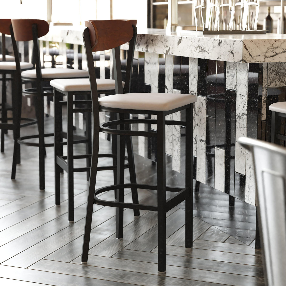 Walnut Wood Back/Gray Vinyl Seat |#| Commercial Metal Barstool with Vinyl Seat and Wood Boomerang Back-Gray/Walnut
